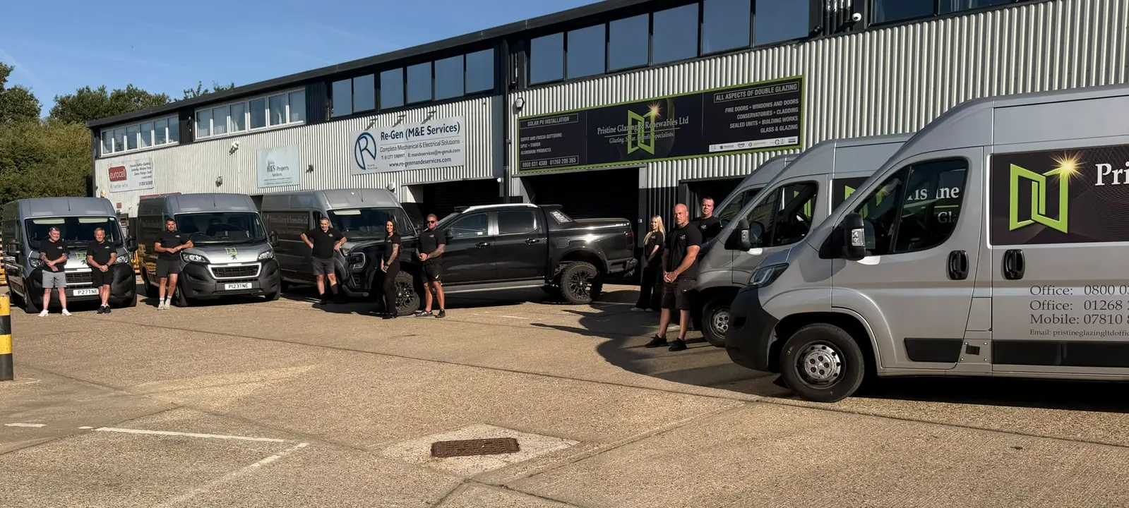 Commercial Projects The Pristine team and branded vehicles outside the company depot