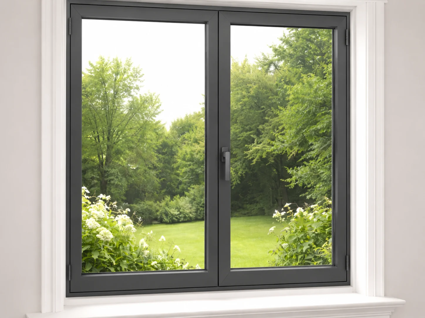 Anthracite grey aluminium casement window overlooking a green garden