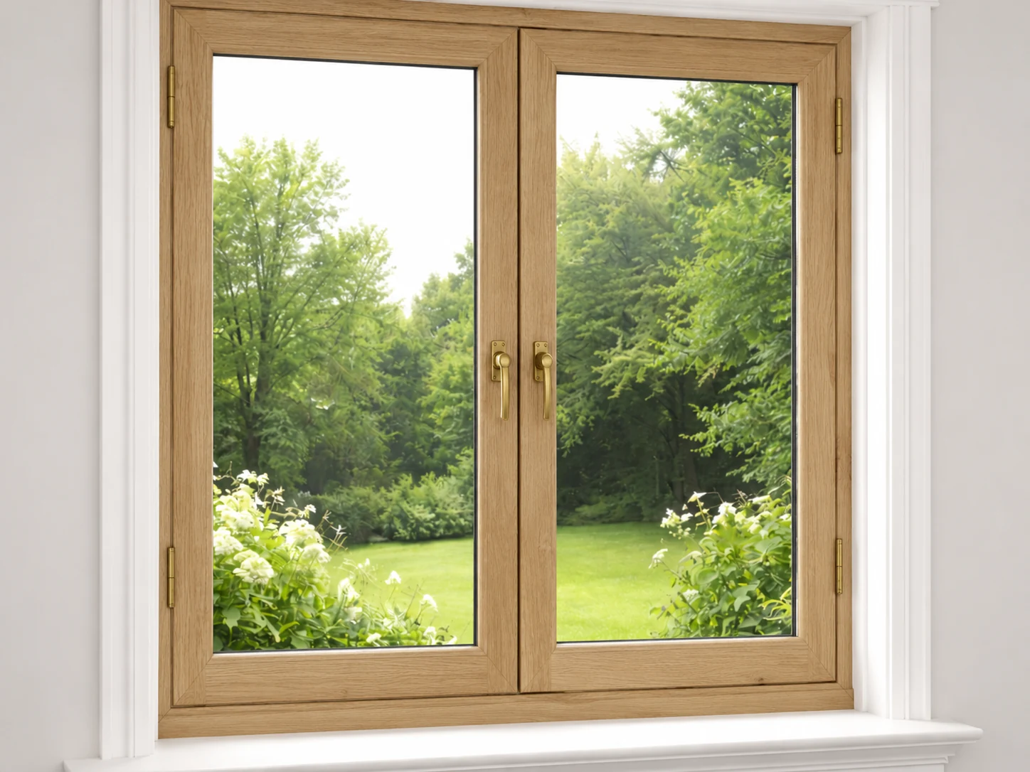 Natural oak timber casement window overlooking a green garden