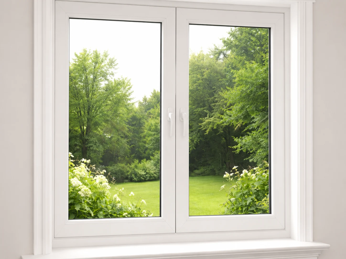 White uPVC casement window overlooking a green garden