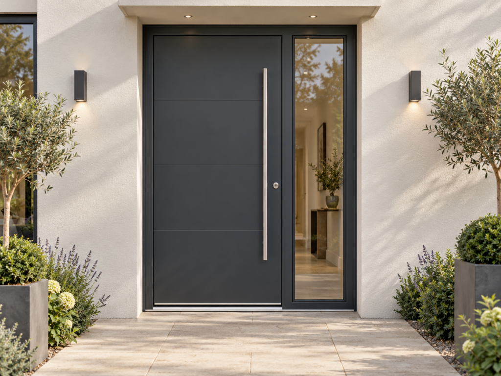 Illustrative smooth anthracite aluminium entrance door with a pull handle and sidelight