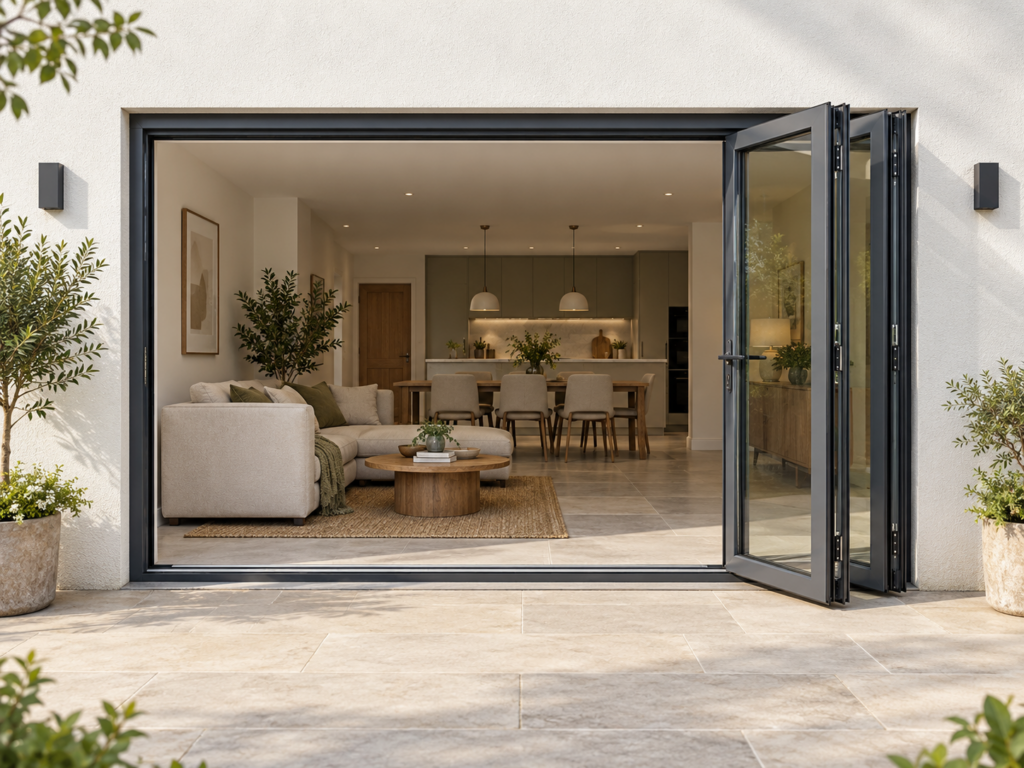 Illustrative anthracite bi-fold doors folded open to a living and dining room