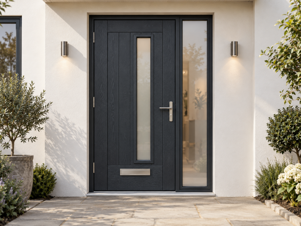 Illustrative anthracite composite front door with frosted glazing and a sidelight