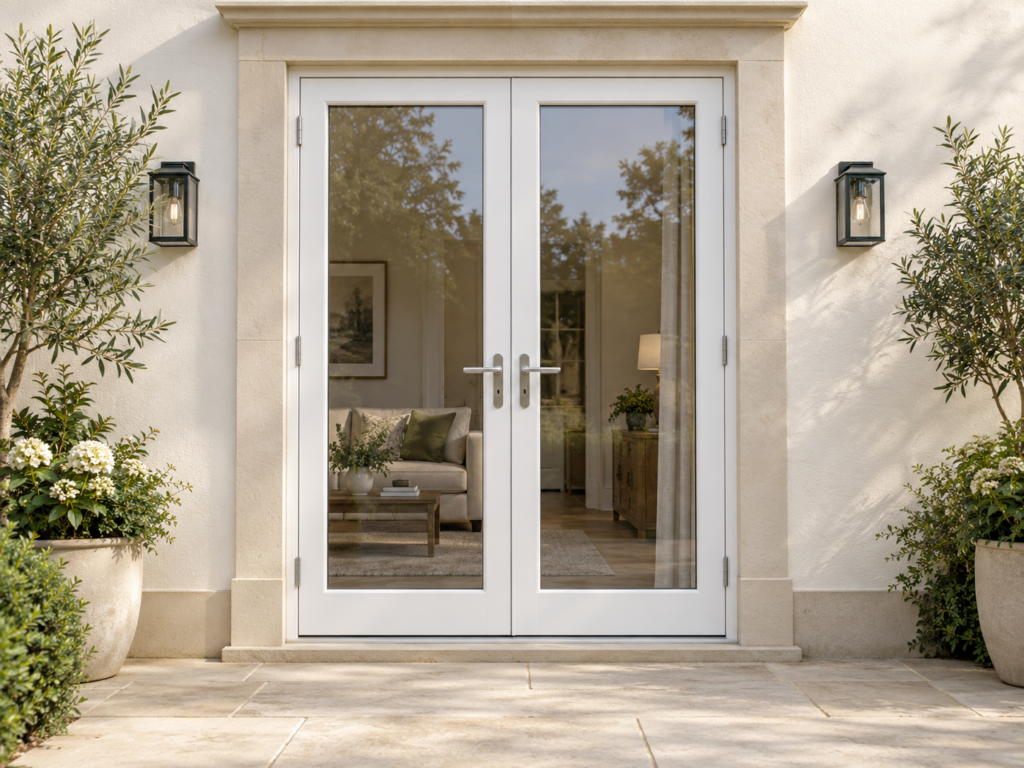 Illustrative white glazed French doors viewed from a garden terrace