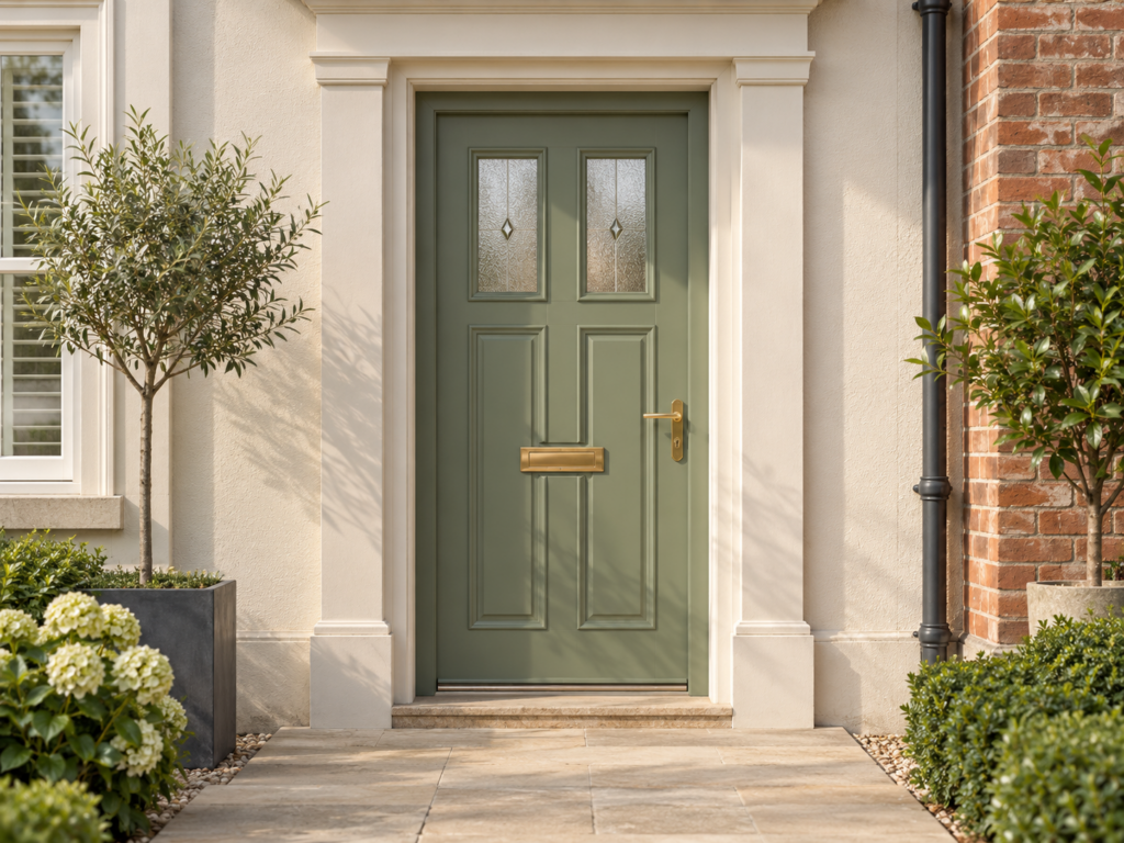 Illustrative sage-green traditional entrance door with decorative upper glazing