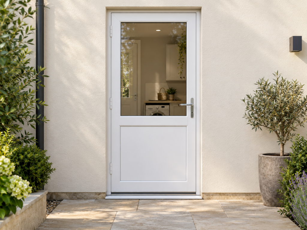 Illustrative white glazed uPVC rear door viewed from a garden patio