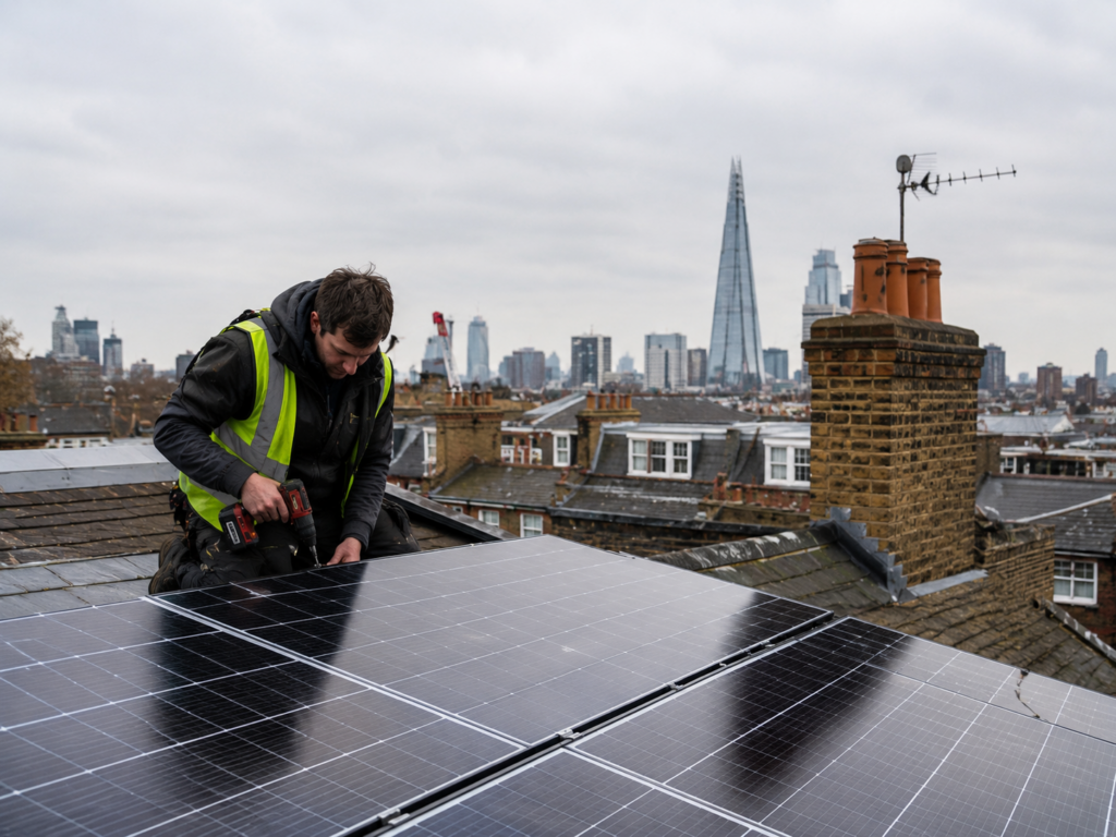 Home Solar panel installer fitting rooftop PV panels in London