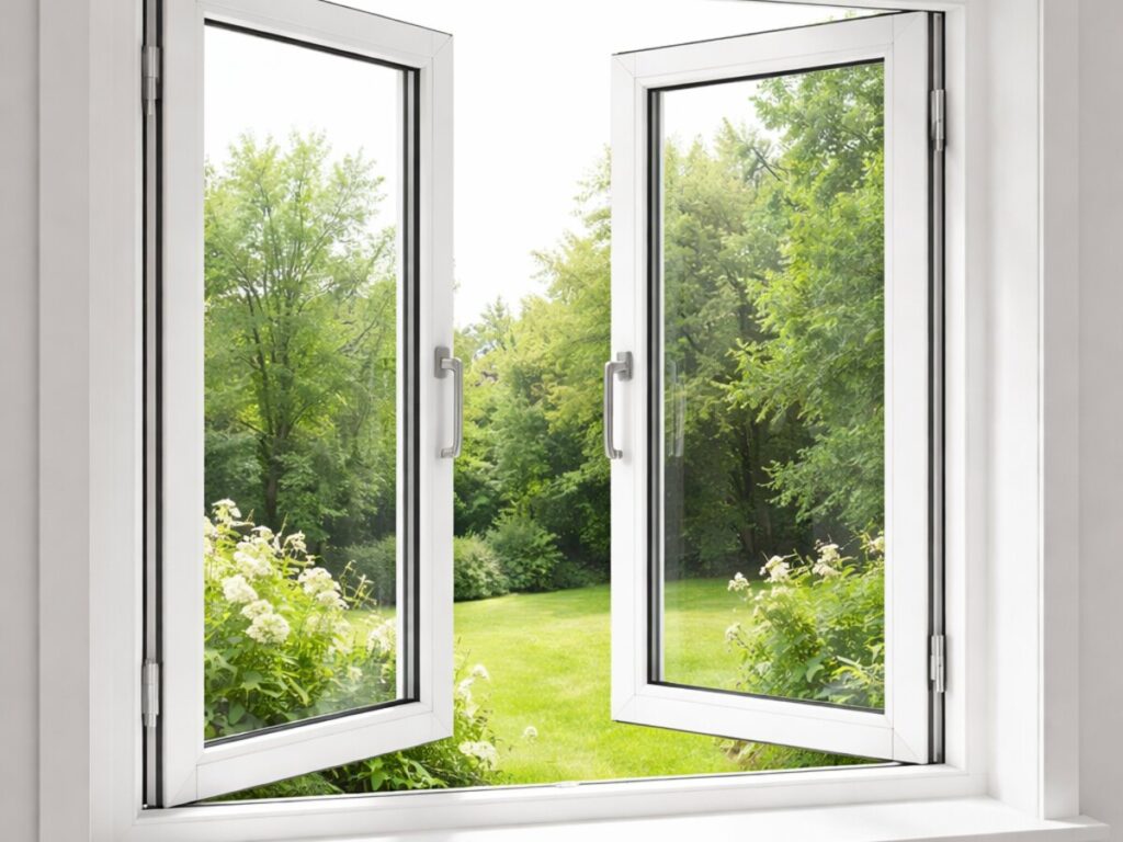 How much do new uPVC windows cost? White casement windows opening onto a garden